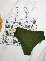 Floral Print Tankini Set Women's Cross Front V Neck Cami Top & Panty