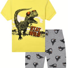 Boys Dinosaur Print Pajama Set Short Sleeve T-Shirt and Shorts 2-8 Yrs