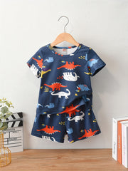 Boys Dinos Print Casual Outfit Tee & Shorts Kids Summer Sets