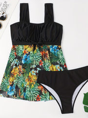 Modest Swimsuit Set Women's Plus Tropical Print Tank & Panty 2pcs Swim