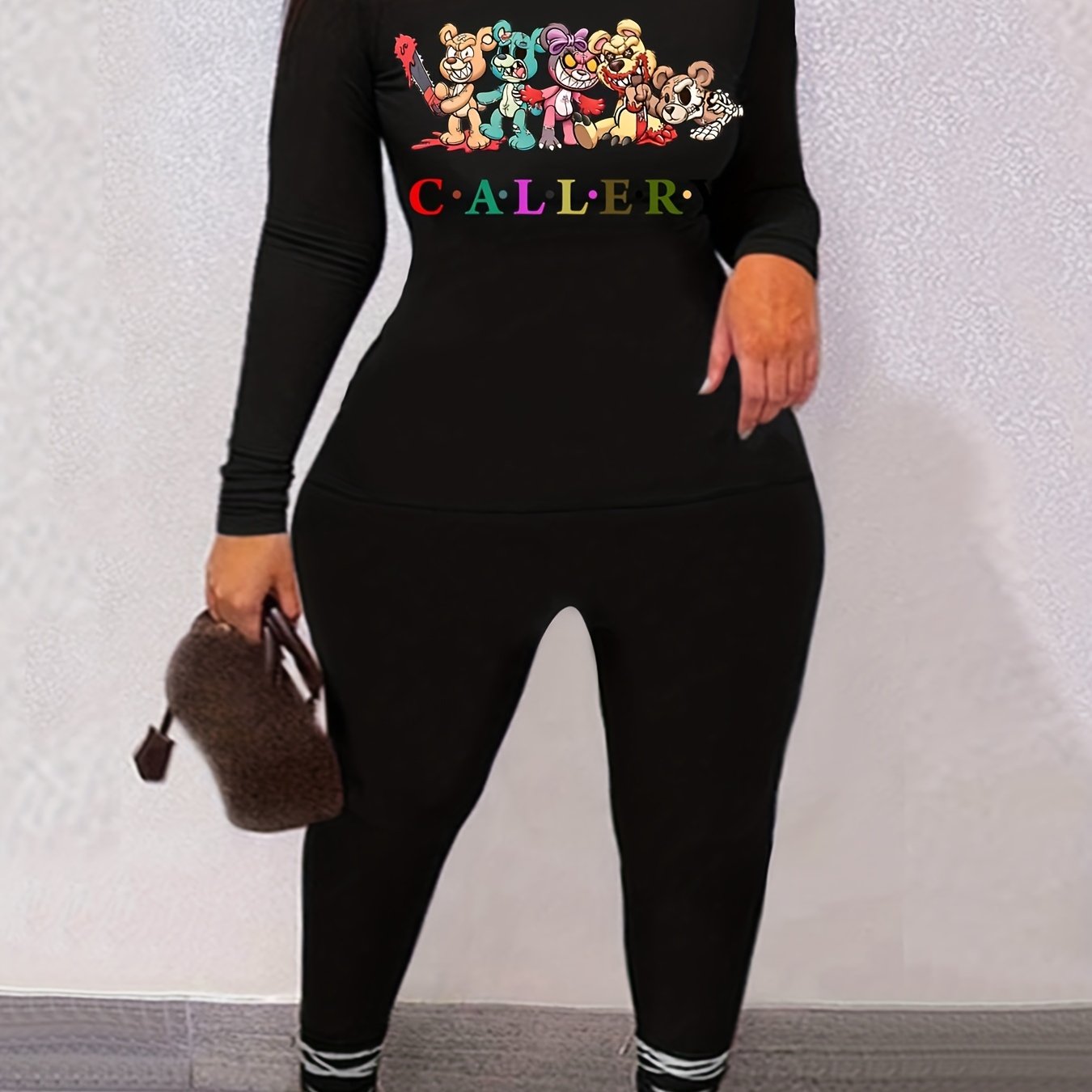 Graphic Print Long Sleeve Tee & Skinny Pants Set