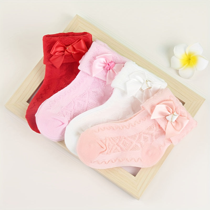 4pairs Baby Girls Kids Mesh Breathable Comfy Crew Socks with Bow Decoration