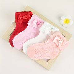 4pairs Baby Girls Kids Mesh Breathable Comfy Crew Socks with Bow Decoration