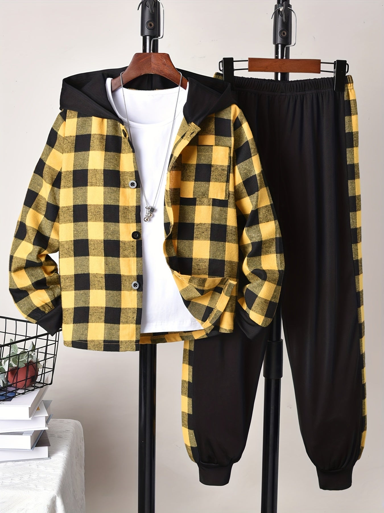 Boys Plaid Button Front Hooded Shirt Sweatpants Set