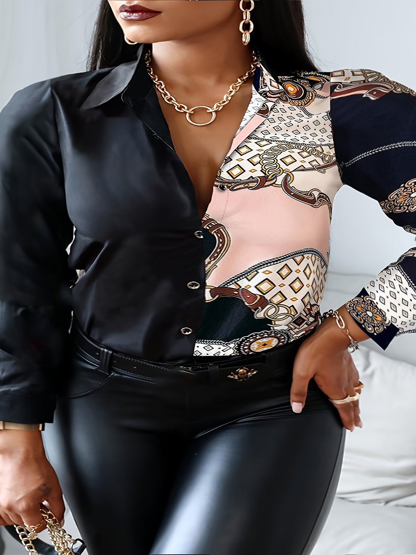 Colorblock Chain Print Long Sleeve Blouse