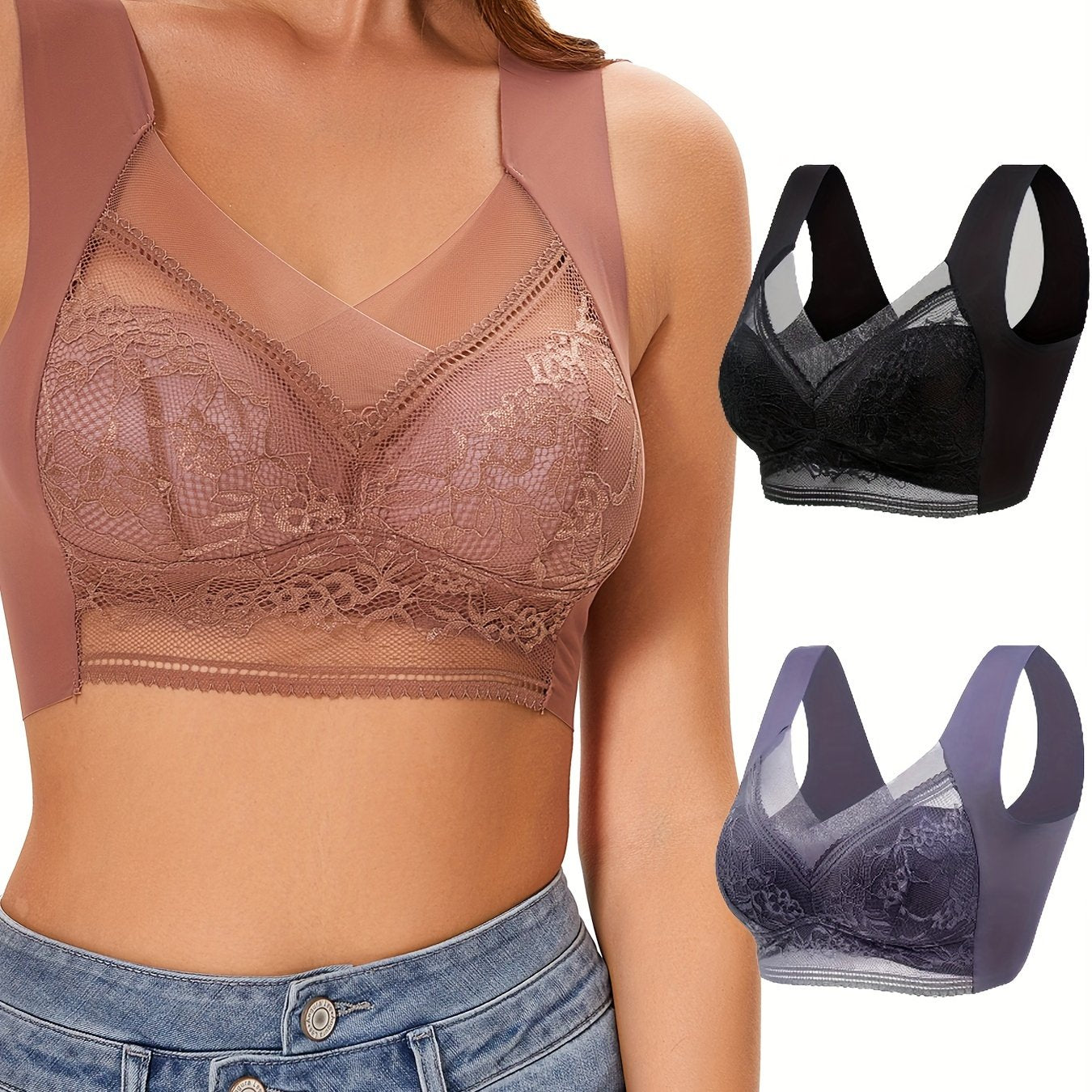 3pcs Wireless Lace Bra Full Coverage Women's Lingerie Set