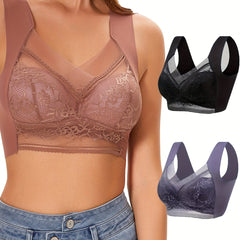 3pcs Wireless Lace Bra Full Coverage Women's Lingerie Set