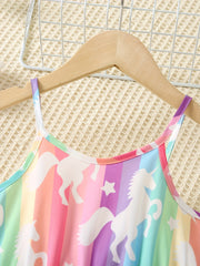 Girls' Rainbow Unicorn Print Cami Dress Kids Beach Vacation Outfit