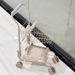 Floral Shopping Cart Toy with Storage Bags Foldable Dollhouse Grocery Cart
