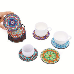 12pcs Round Manda Flower Pattern Coaster DIY Diamond Painted Wooden Coaster
