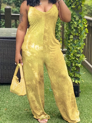 Tie Dye Spaghetti Strap Jumpsuit Sexy V Neck Sleeveless Wide Leg Jumpsuit