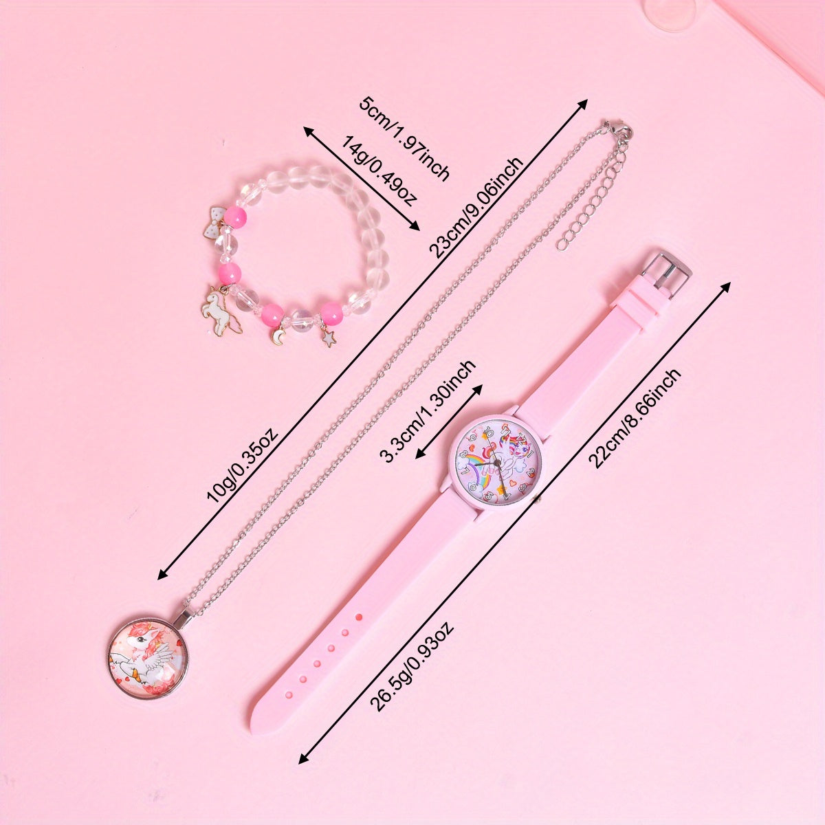 3pcs Cartoon Rainbow Horse Girls' Watch Creative Quartz Wristwatch Set