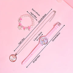 3pcs Cartoon Rainbow Horse Girls' Watch Creative Quartz Wristwatch Set