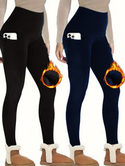 Solid Fleece Yoga Pants With Pocket High Stretch Leggings Women's Activewear