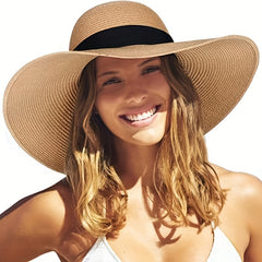 Women's Foldable Floppy Sun Hat Wide Brim UV Protection Straw Hat Solid