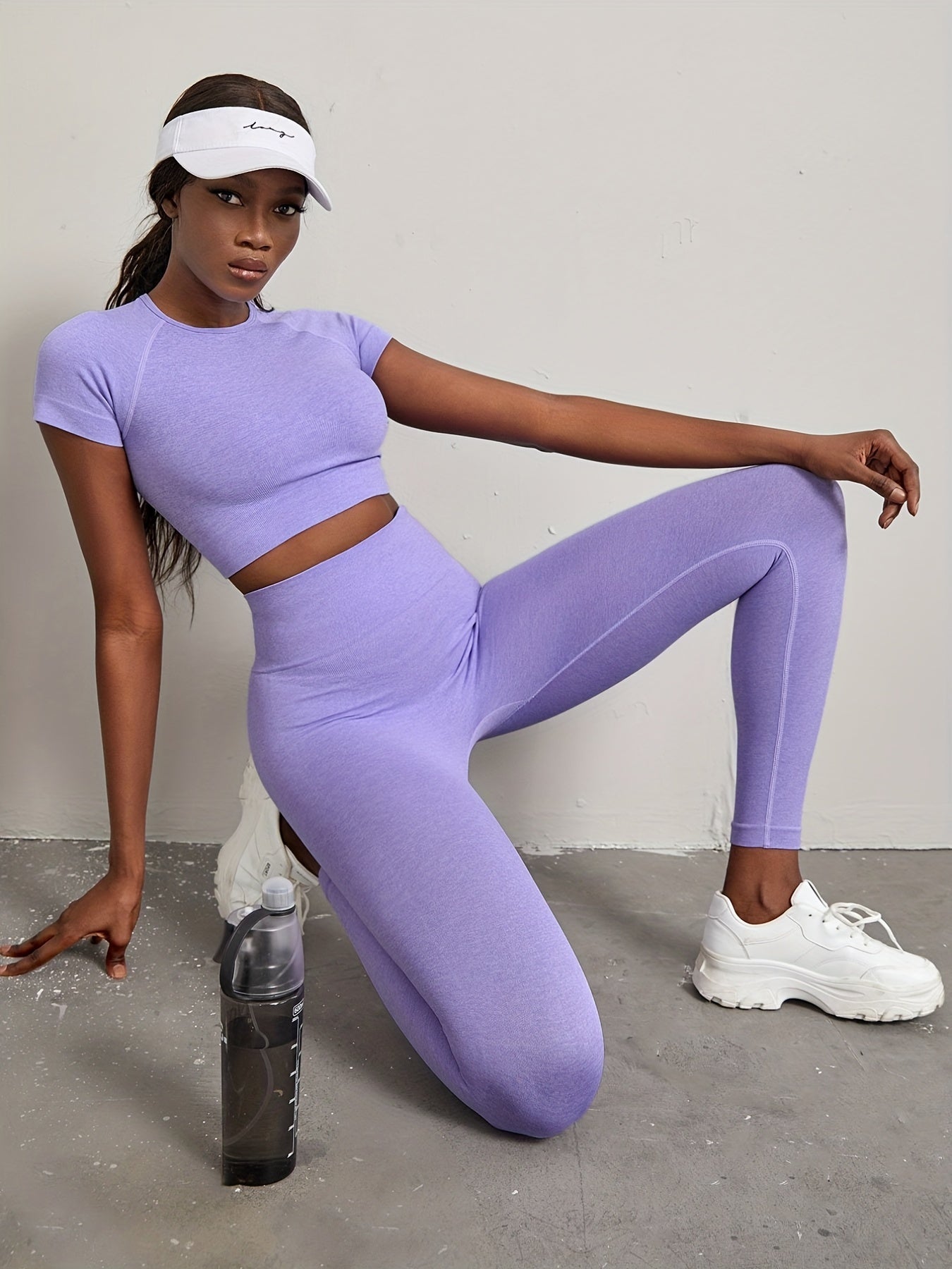 Solid Seamless Workout Set Short Sleeve Tee & High Waist Leggings
