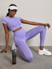 Solid Seamless Workout Set Short Sleeve Tee & High Waist Leggings