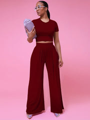 Casual Crew Neck Tee & Wide Leg Pants Set