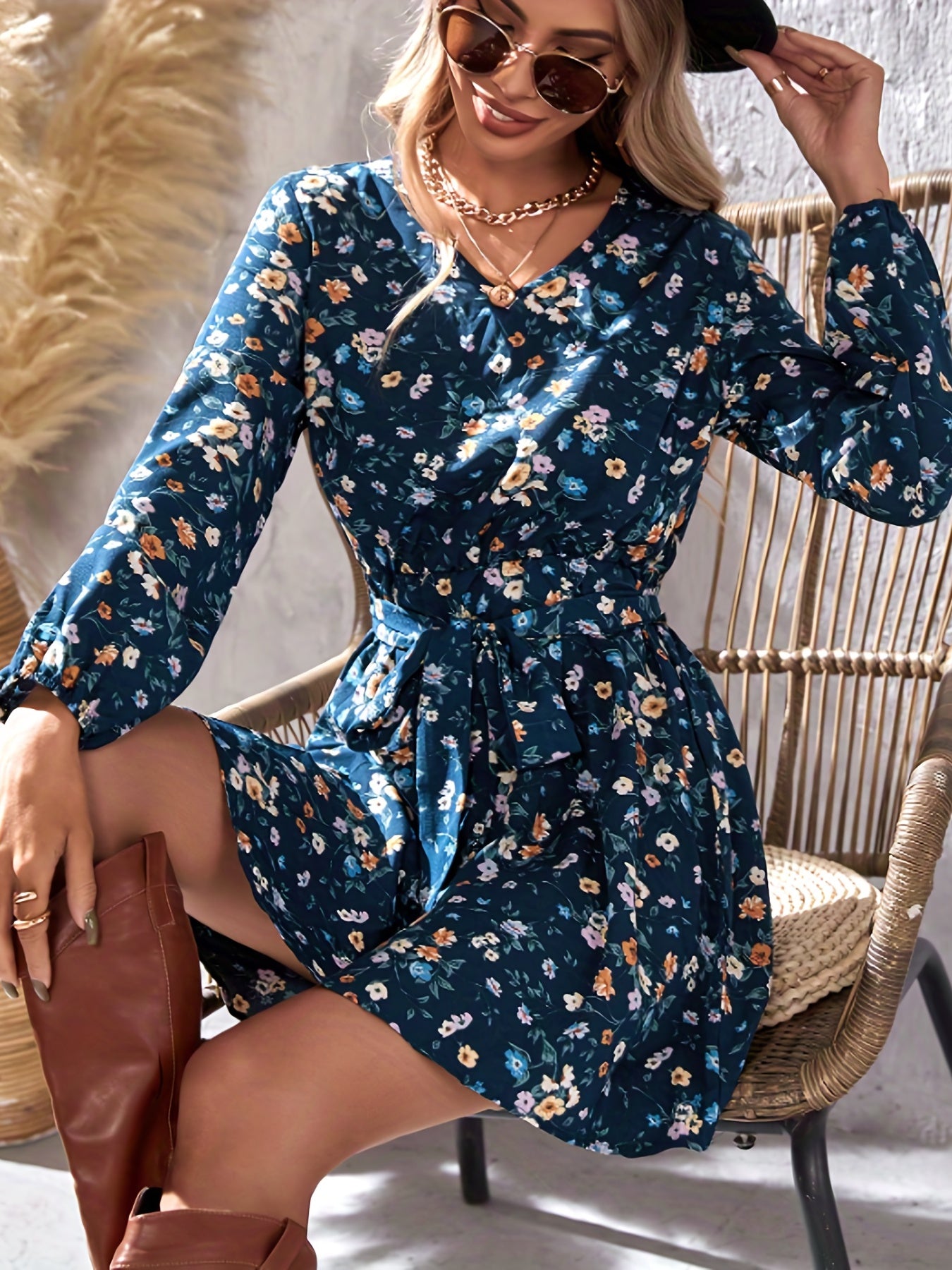 Floral Print Casual V Neck Long Sleeve Dress for Spring & Summer