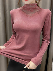 Lace Stitching Thermal Top Long Sleeve Slim Fit Top