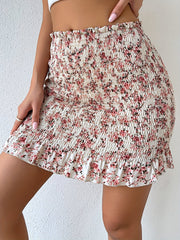 Floral Print Shirred Mini Skirt with Ruffle Trim