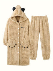 Cartoon Bear Pajama Set Robe & Pants Women's Sleepwear
