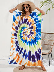 Boho Tie Dye Batwing Sleeve V Neck Kaftan Cover Up Dress
