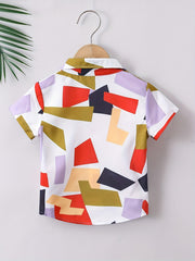 Geometric Print Boys Button Down Shirt Lightweight Short Sleeve Tee