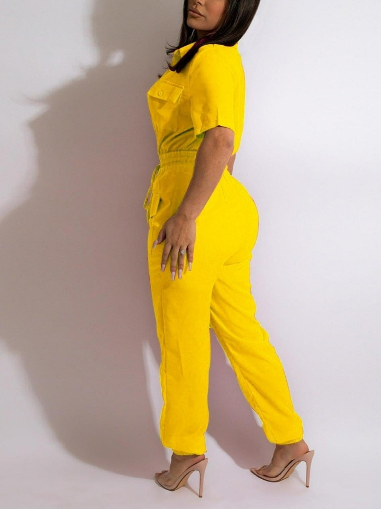 Solid Crop Sleeve Blouse Collar Fitted Tie Women Leisure Cargo Jumpsuit