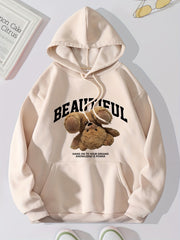 Bear & Letter Print Kangaroo Pocket Hoodie Long Sleeve Drawstring Hoodies