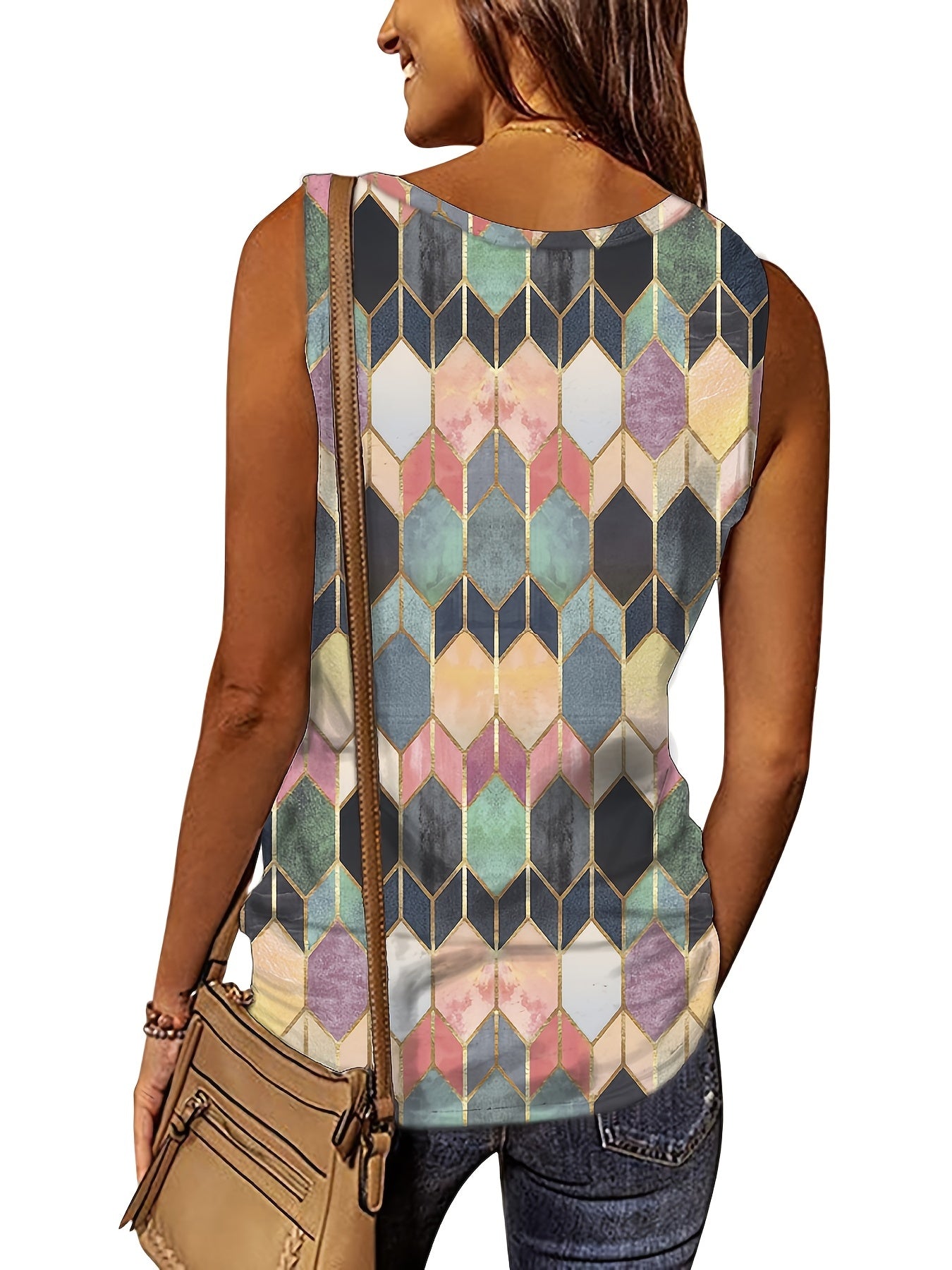 Print V Neck Zip Up Tank Top Sleeveless Summer Women's Clothing