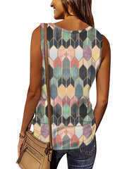 Print V Neck Zip Up Tank Top Sleeveless Summer Women's Clothing