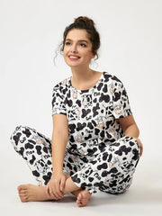 Women's Cow Print Pajamas Set Top & Pants Short Sleeve Loose Long