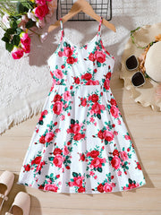 Girls Rose Flower Print Cami Dress For Party Vacation