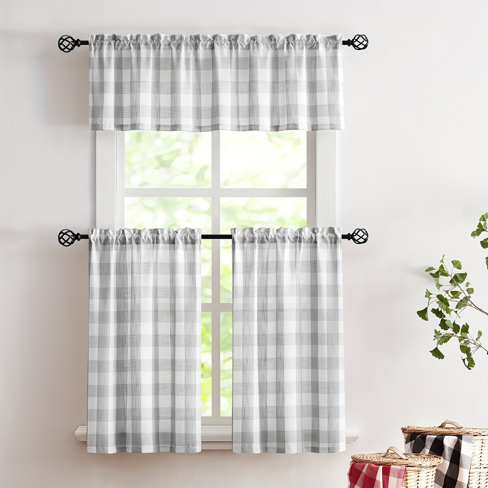 Plaid Pattern Tiers Cafe Curtains Semi shading Semi transparent Window