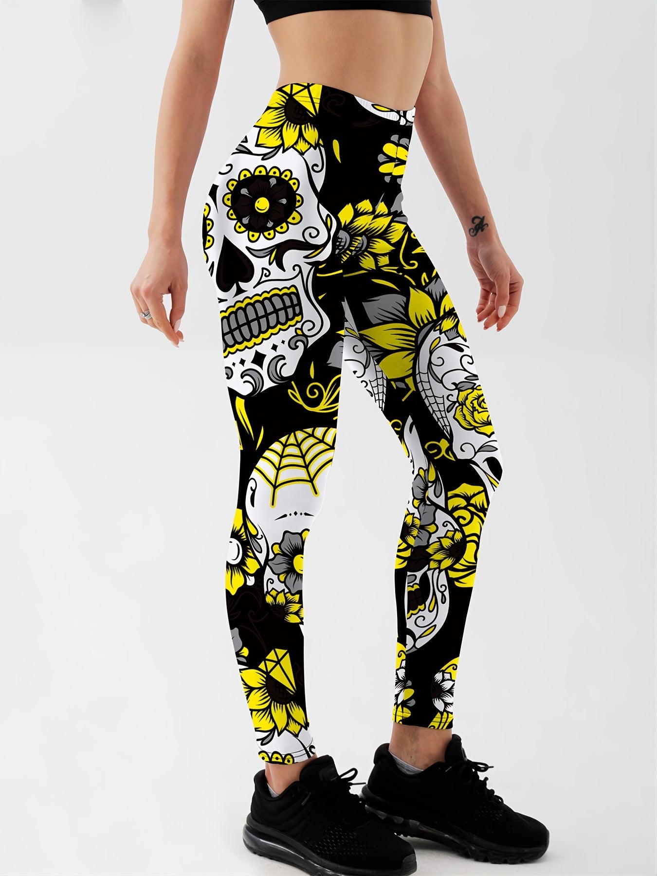 Flower & Skull Print Yoga Leggings Halloween Fitness Workout Pants