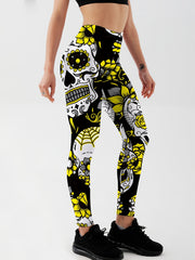 Flower & Skull Print Yoga Leggings Halloween Fitness Workout Pants