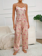 Crane Print Satin Pajama Set Women's Sleepwear