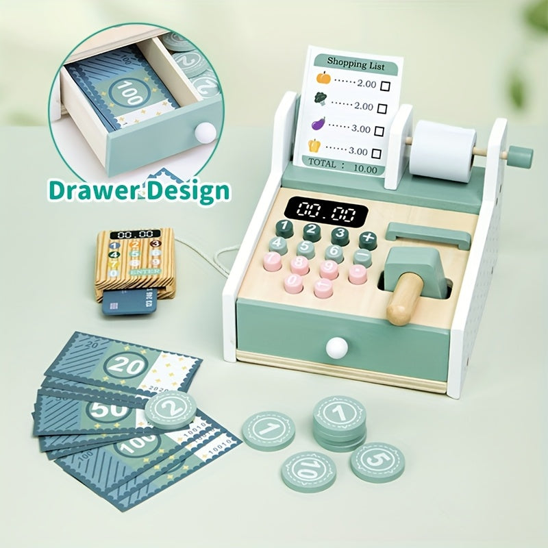 Wooden Supermarket Cash Register Toy Set with Shopping List and Coin Slot