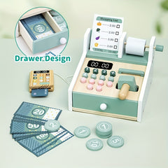 Wooden Supermarket Cash Register Toy Set with Shopping List and Coin Slot