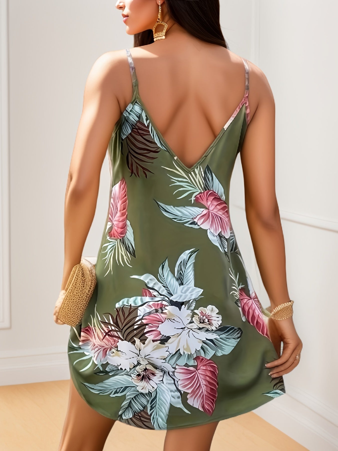 Vintage Floral Print Dress Backless Spaghetti Strap Women's Clothing