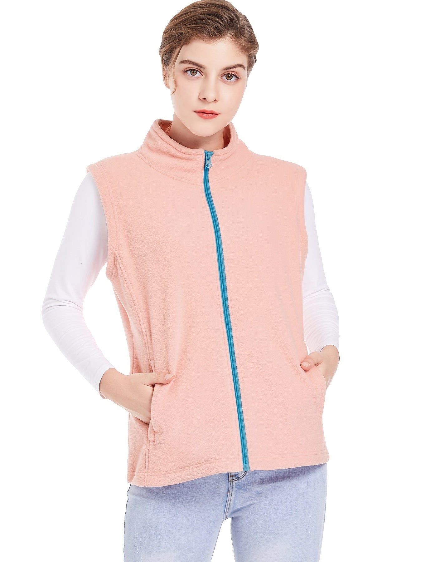 Sleeveless Stand Collar Jacket with Pockets Women's Outerwear