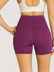 Solid Yoga Shorts With Pocket High Stretch Running Fitness Sports Shorts
