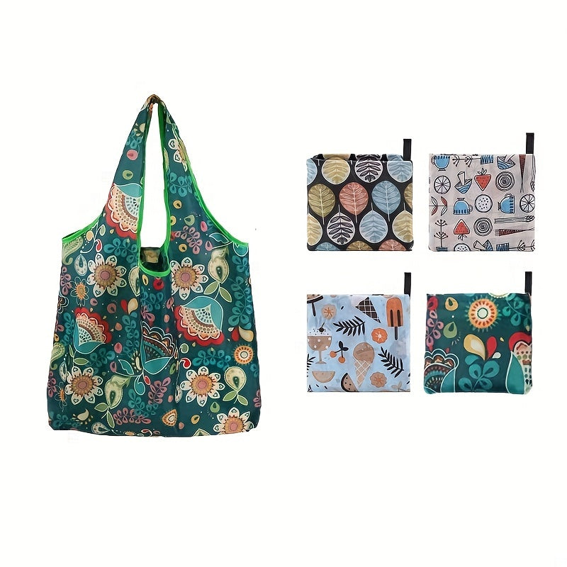 4pcs Printed Reusable Shopping Bag Large Capacity Polyester Portable Folding Bag