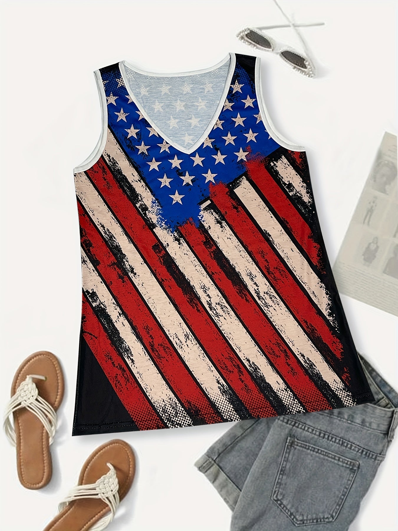 American Flag Print Tank Top V Neck Summer Sleeveless Top