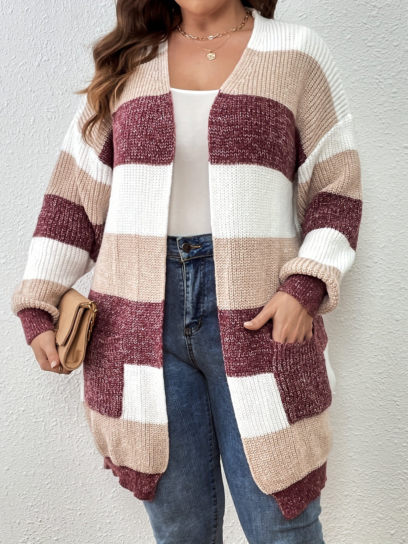 Women's Plus Striped Long Sleeve Cardigan
