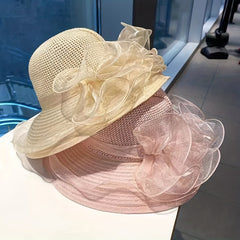 Mesh Flower Decor Sun Hat Organza Ruffles Derby Hat