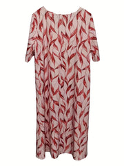 Leaf Print Short Sleeve Dress With Pockets