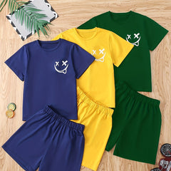 Boys Funny Smile Face Graphic Print T-shirt & Shorts Set