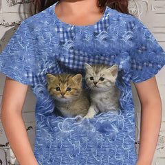 Adorable Kitty Graphic Crew Neck T shirt Girls Comfy Tees